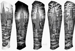 full arm sleeve tattoo based on new york city tattoo idea