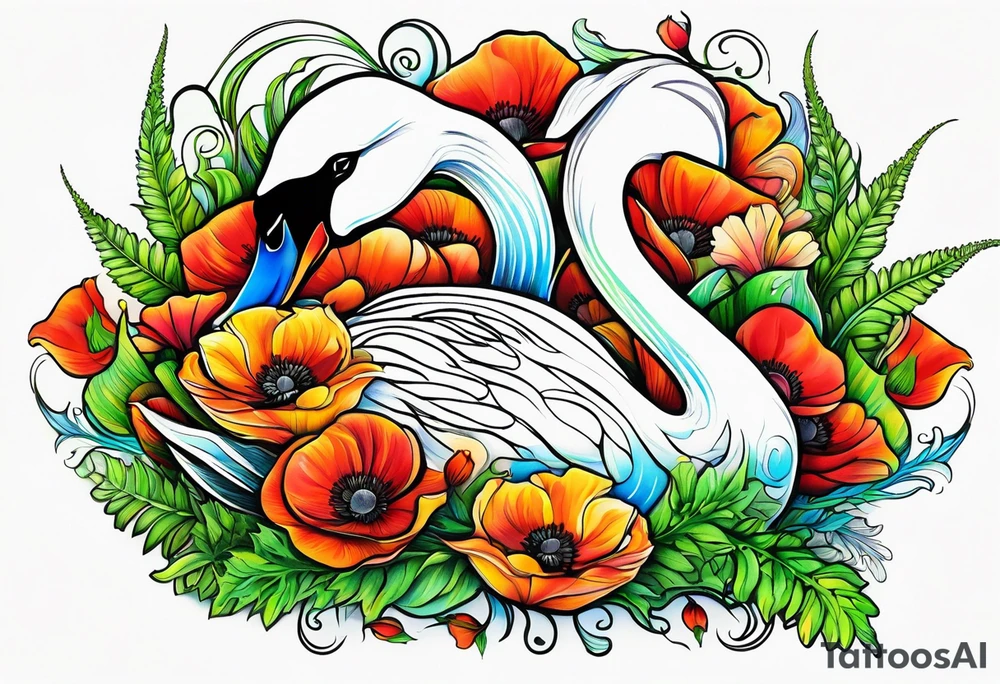 Colorful swan tattoo with poppies, Lily of the basket, sweet pea, fern leaf tattoo idea