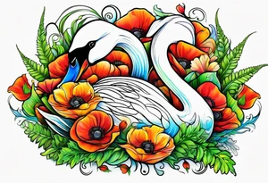 Colorful swan tattoo with poppies, Lily of the basket, sweet pea, fern leaf tattoo idea