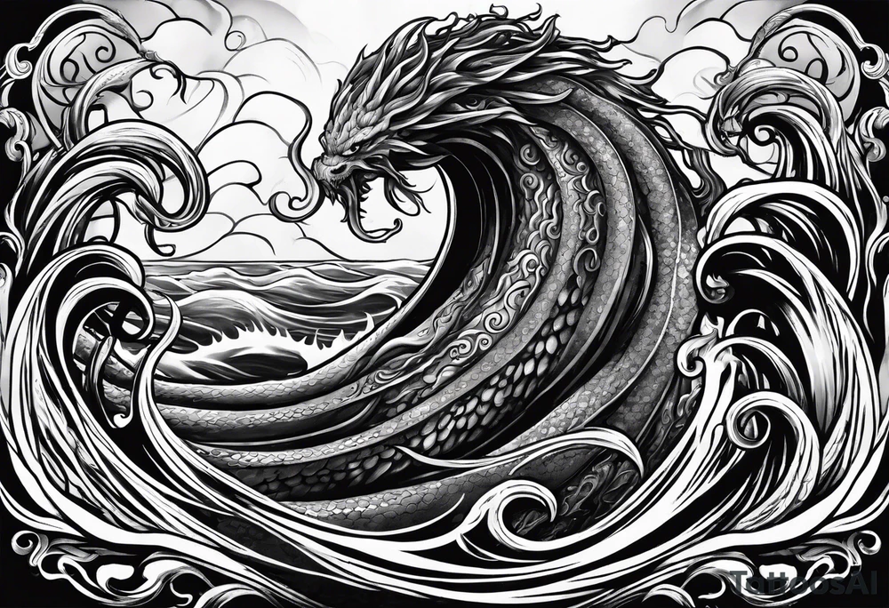 Kraken wrapping tentacles Poseidon thrusting trident stormy sea tattoo idea