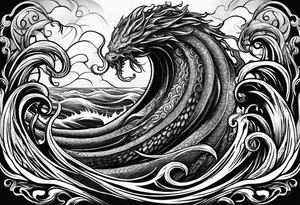Kraken wrapping tentacles Poseidon thrusting trident stormy sea tattoo idea