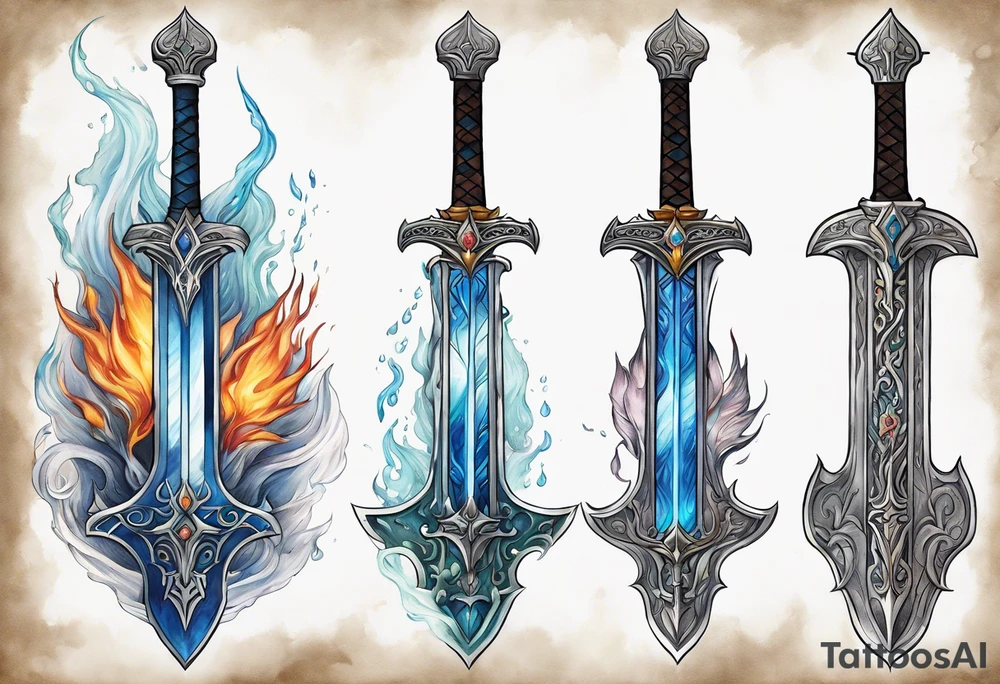 refined, detailed drawing of the Master Sword with the blade partially wrapped in ethereal elemental symbols: flames licking up one side, water flowing down the other, roots climbing the hilt, and wind swirling around the tip. The elements are subtly integrated, creating a harmonious design. tattoo idea