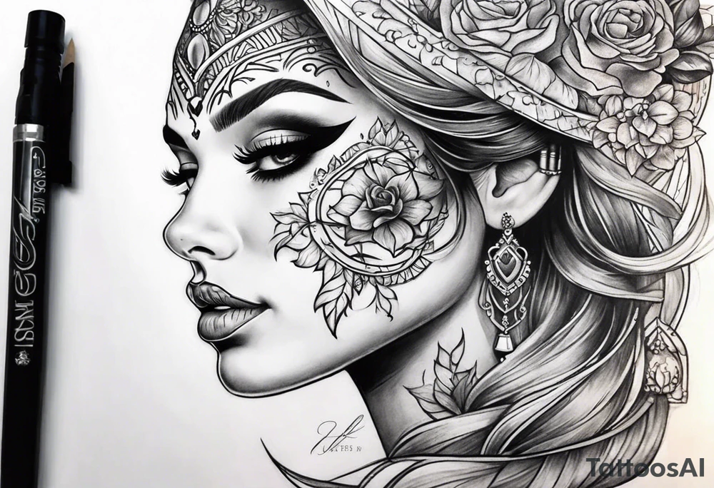 Half skull half beautiful lady face tattoo idea