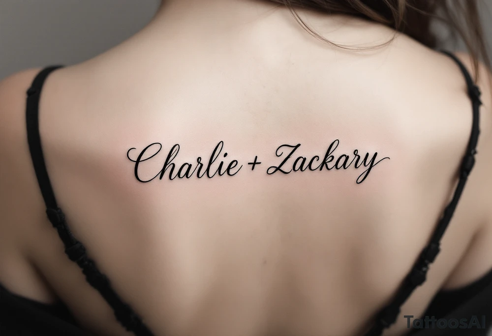 Create a delicate tattoo design that seamlessly integrates the names "Charlie" and "Zackary" in graceful, flowing cursive. Enclose the names within a softly stylized symbol that embodies strength and unity. add other symbol with it tattoo idea