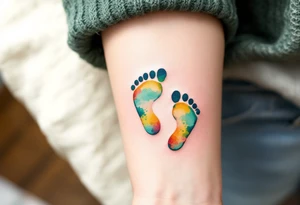 Bright yellow and mint green footprints of Roman, accompanied by a playful cloud, representing his free spirit. tattoo idea