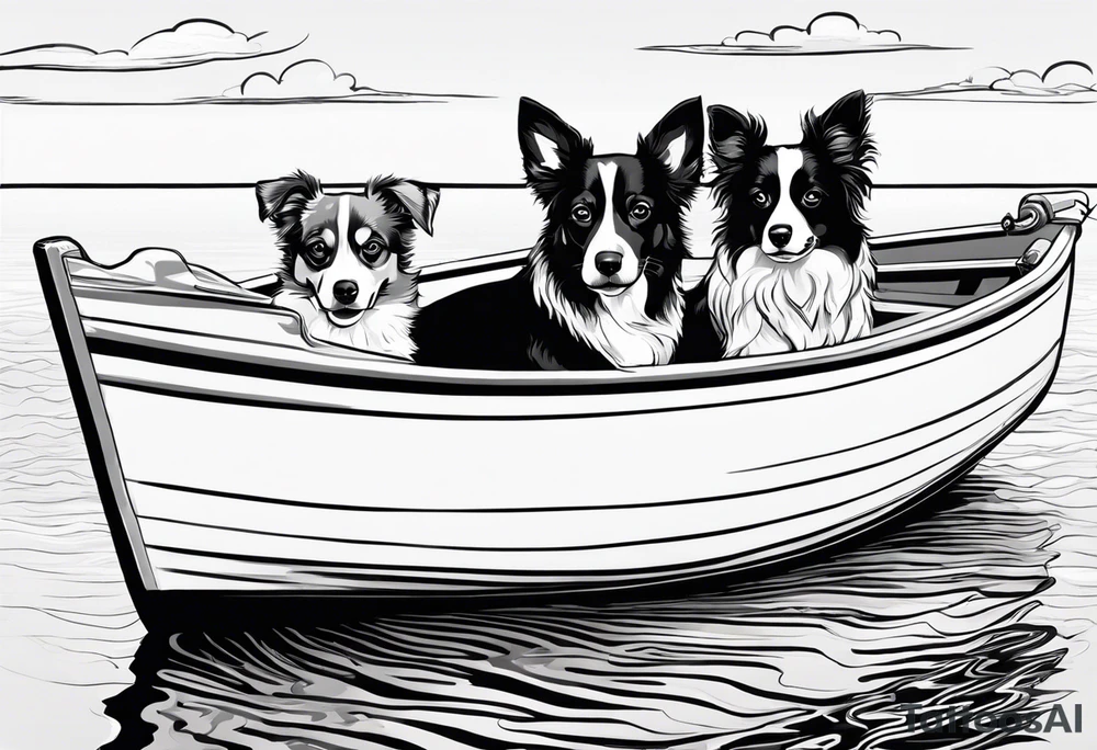 two dogs in a boat. One dog is tan with big ears like a chihuahua. The other dog is black and white and looks like an australian shepherd with floppy ears tattoo idea