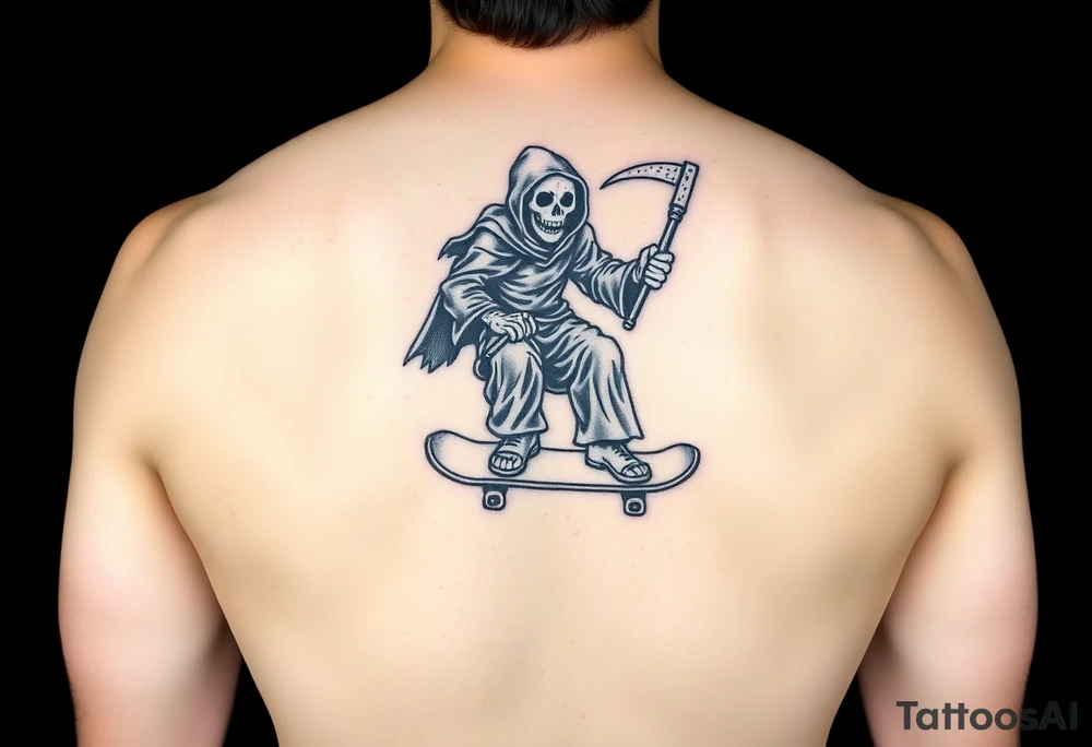 Colorful grim reaper riding skateboard tattoo idea