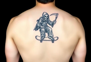 Colorful grim reaper riding skateboard tattoo idea