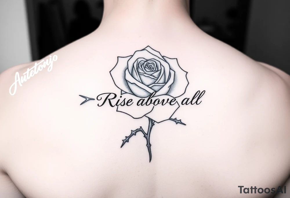 rose tattoo with thorns saying rise above all tattoo idea
