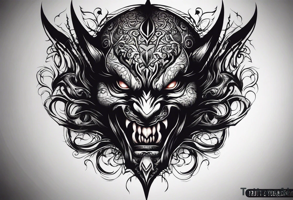 Create a dark tattoo design. The tattoo appears to be a detailed, realistic illustration of a sinister, demonic face. The face has intense features, including large, menacing eyes, a sharp, pointed nose, and a mouth filled with sharp, jagged teeth. He sticks out his long tongue. The design incorporates deep shadows and highlights, giving it a three-dimensional, almost lifelike appearance. Overall, the tattoo creates a haunting and powerful visual effect. tattoo idea