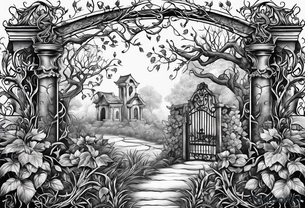 Leafy vines with grave yard tattoo idea