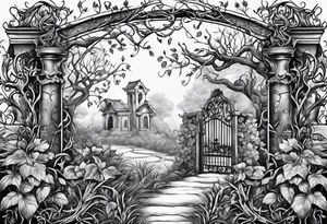 Leafy vines with grave yard tattoo idea