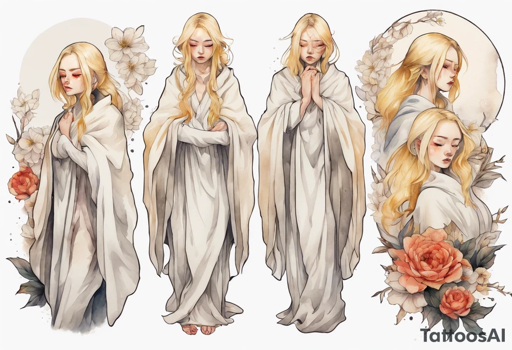 a sad blonde woman with a white cloak tattoo idea