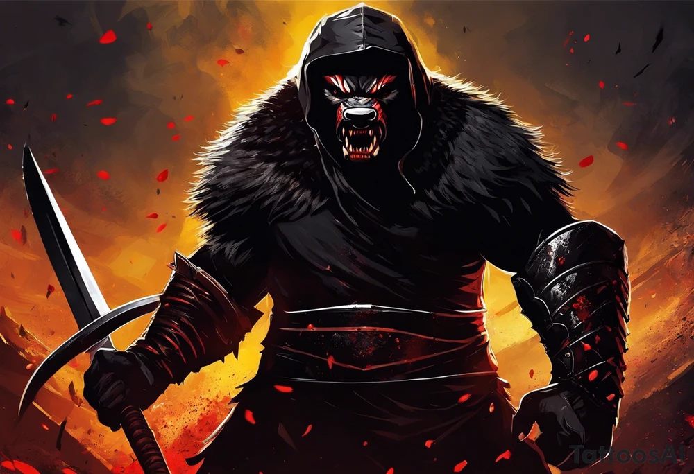 Draw me psychopath Fearless Honey Badger/Berserker with aggressive full body, killer face with a scary smile, very long nails and he attacks like a Bloody Assassin/Warrior/Gladiator to us and also, he has very deadly looking. He fights with his nails only. Everybody scares after their first sight. Give me horror type Badger Tattoo. I want to see his Realistic full body with no weapons. You can show destruction at the back. tattoo idea