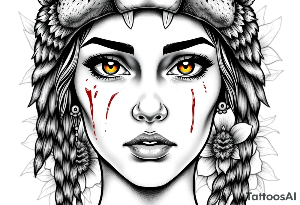 Young Symmetrical Beautiful Woman, looking forward, with colored eyes, shedding a tear, with battle scars and blood on face, with soft look, wearing a mean looking bear headdress on head, with flower background tattoo idea