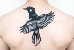 Magpie with spread wings looking over it's shoulder tattoo idea
