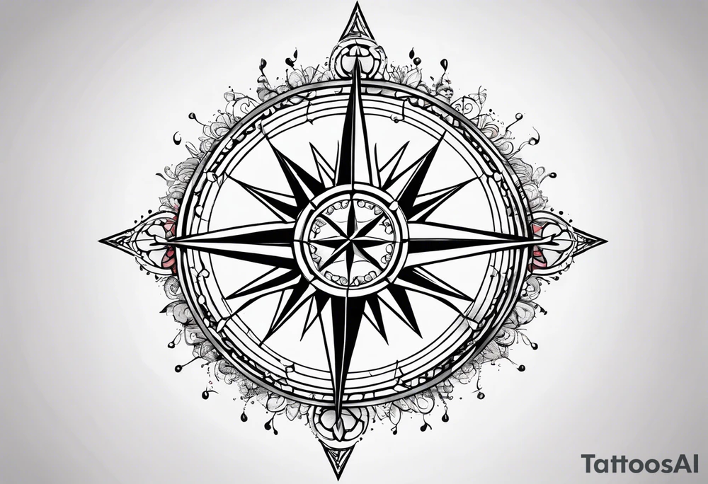 a classic compass rose as the central element with a molecular structure of serotonin tattoo idea