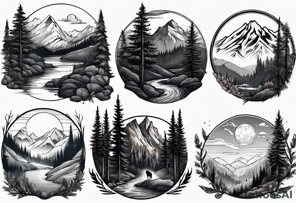 Forest and mountains in wolf body tattoo idea