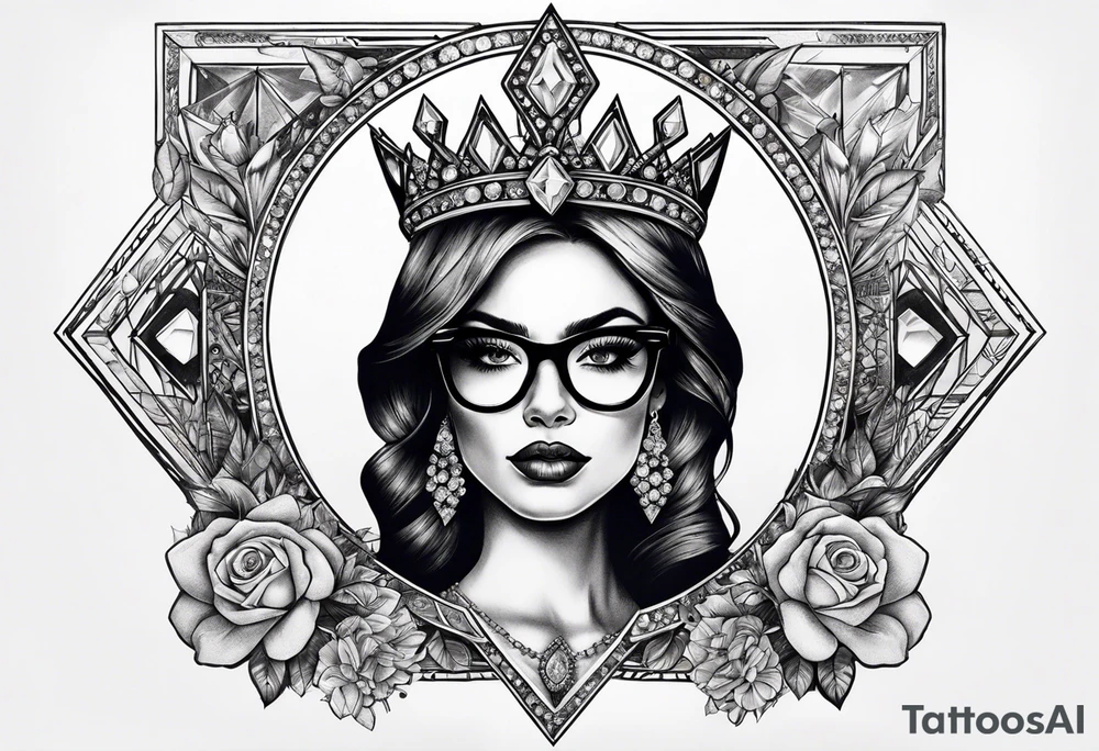 Dead Diamond queen wearing glasses add gemstones tattoo idea