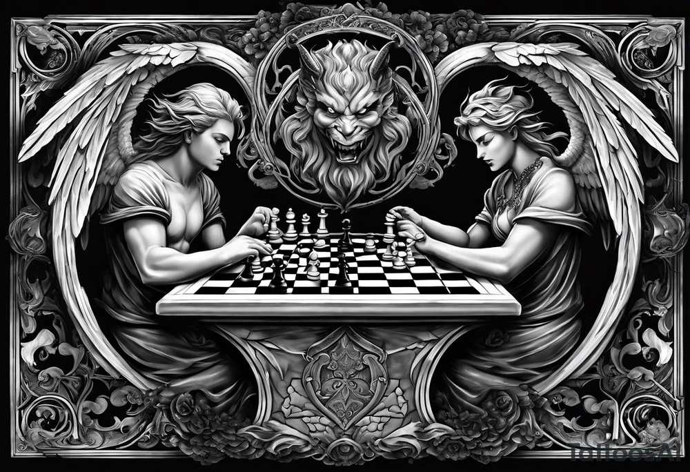 Depict an angel and demon playing chess on a board that morphs from celestial clouds to fiery inferno, representing the merging of the spiritual realms in the eternal game. tattoo idea