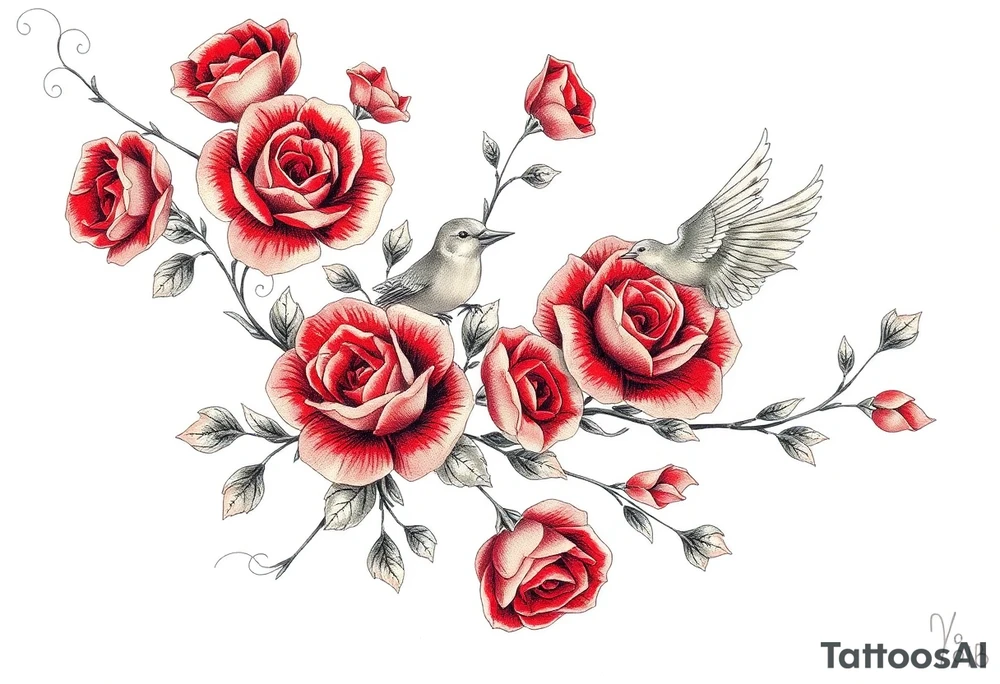 Vintage lace, red roses, red birds, vintage tattoo idea