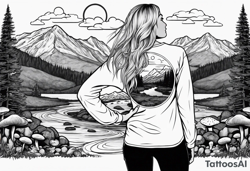 Whole picture encircled fully

Straight long blonde hair hippie girl in distance holding mushrooms in hand facing away toward mountains and creek surrounded by mushrooms long sleeve shirt and hiking pants; whole rendering within a full circle, no cut off circle tattoo idea