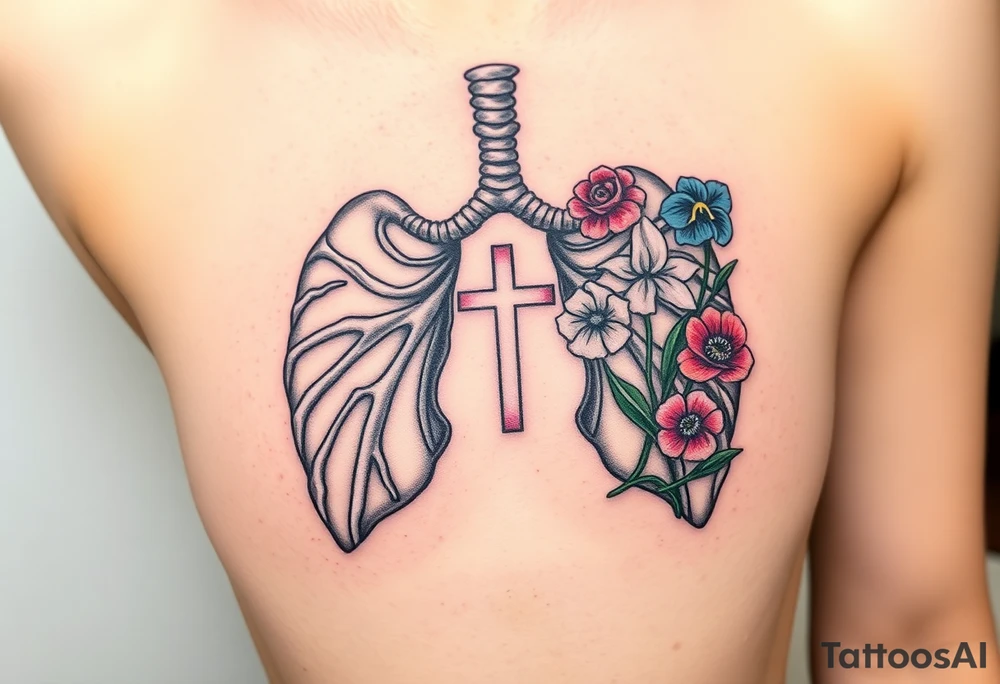 tattoo with skeleton lungs
: one side representing death and the other life. (from death to life) with a simple cross down the middle. The life side I'd like the following flowers growing out of it: Morning Glory, Lily of the Valley, Daffodil, Rose, Poppy, and Iris tattoo idea