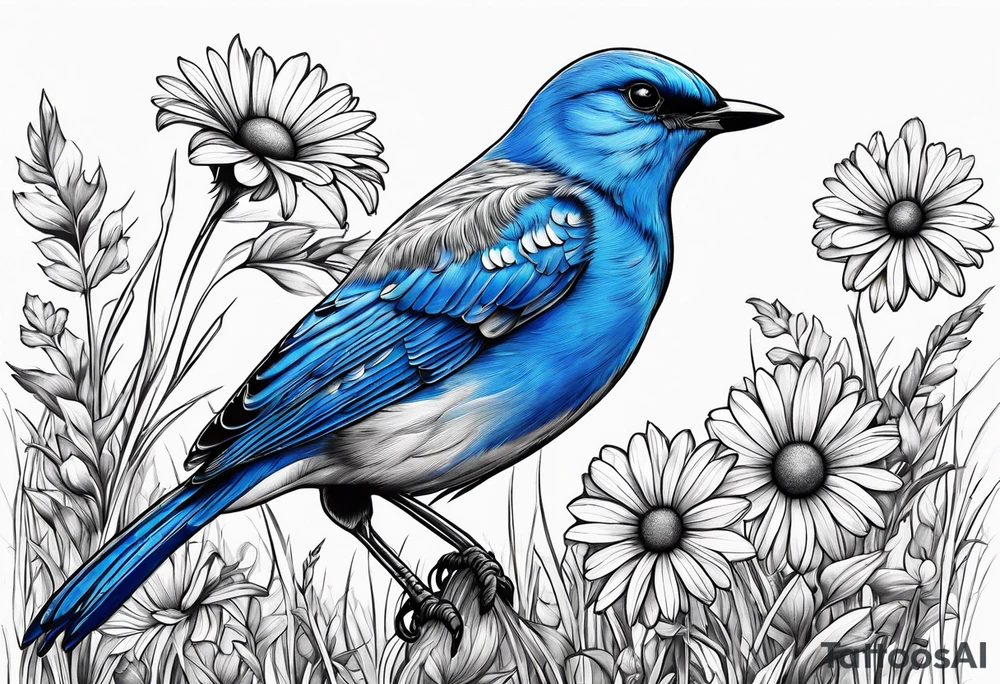 Blue bird perched in grass with a daisy tattoo idea