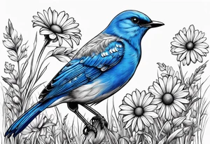 Blue bird perched in grass with a daisy tattoo idea