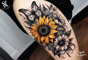 Winged cross with sunflowers and butterflies lower leg sleeve tattoo idea