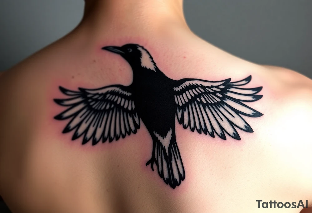 Magpie with spread wings looking over it's shoulder tattoo idea