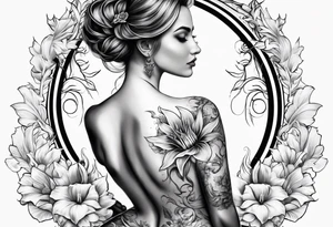 a back tatoo with a  fenix  with flames and that blooms with madonna lily's tattoo idea