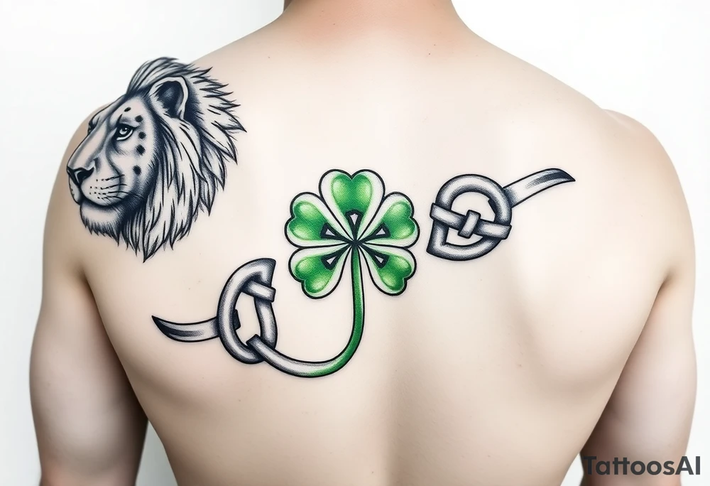 Create a men's half-sleeve tattoo with a powerful majestic lion at the top of the shoulder, extend the bottom of the lion's mane to become open and shaded Celtic knots that travel down the arm with a ribbon twist. At the twist, create a Celtic shamrock with green peridot jewel petals and an organic stem. Continue the knots to intersect with a Celtic warrior armband that wraps the arm just above the elbow. tattoo idea