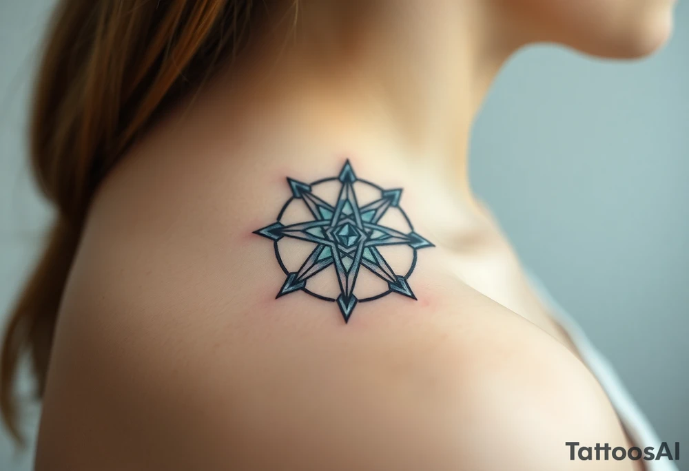 An icy pentagram with sharp crystal edges, surrounded by a cold mist and floating frost particles. tattoo idea