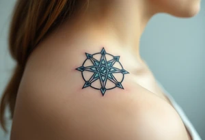 An icy pentagram with sharp crystal edges, surrounded by a cold mist and floating frost particles. tattoo idea