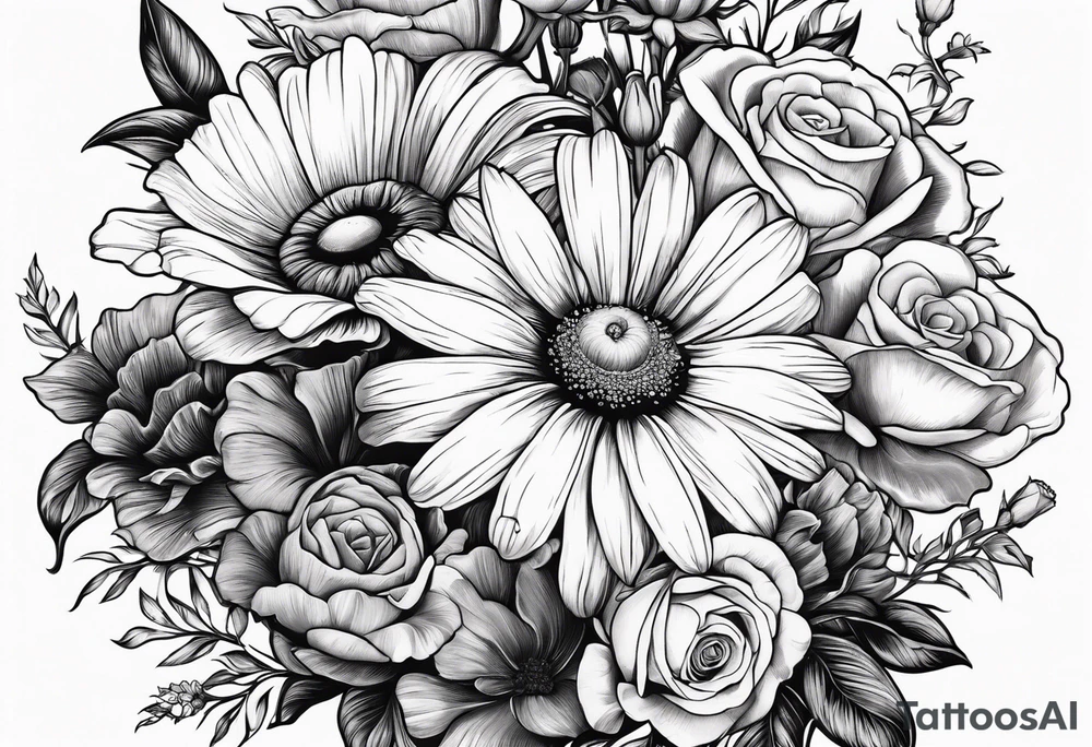 A vintage vertical design of a daisy and a rose with gladiolus flowers and poppies weaving through the daisy and rose tattoo idea