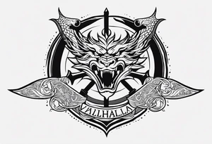 Valhalla sword shield dragon axe viking church tattoo idea