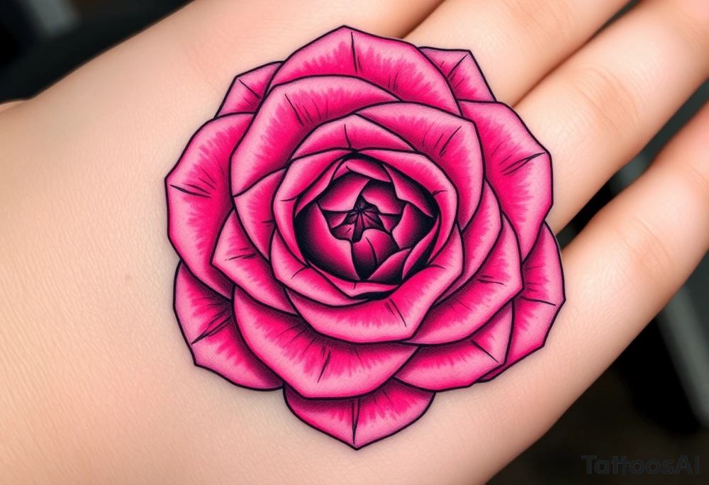 The pink rose blooms in a mesmerizing display of symmetry, its delicate petals unfolding in a kaleidoscope of repeating patterns, where soft blush and vibrant magenta hues seamlessly blend, creating an intricate, fractal-like illusion that shifts and transforms with every glance tattoo idea