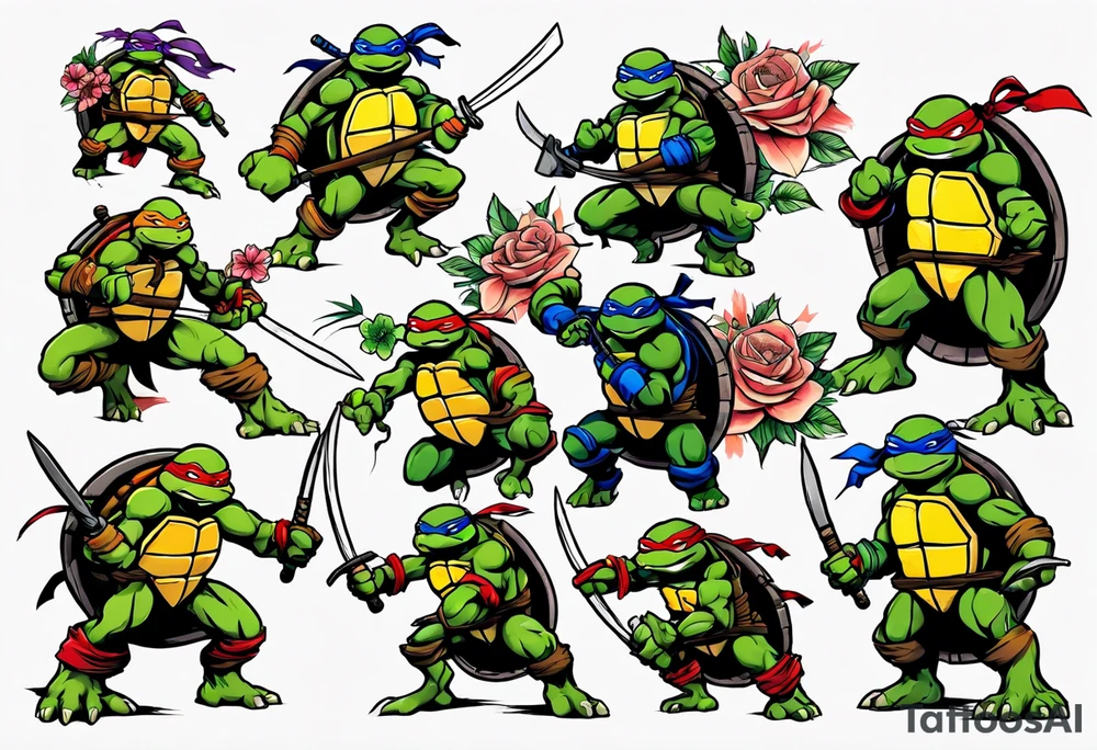 teenage mutant ninja turtles fighting in a city with floral accents tattoo idea