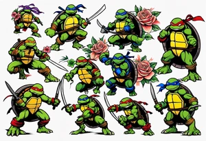 teenage mutant ninja turtles fighting in a city with floral accents tattoo idea