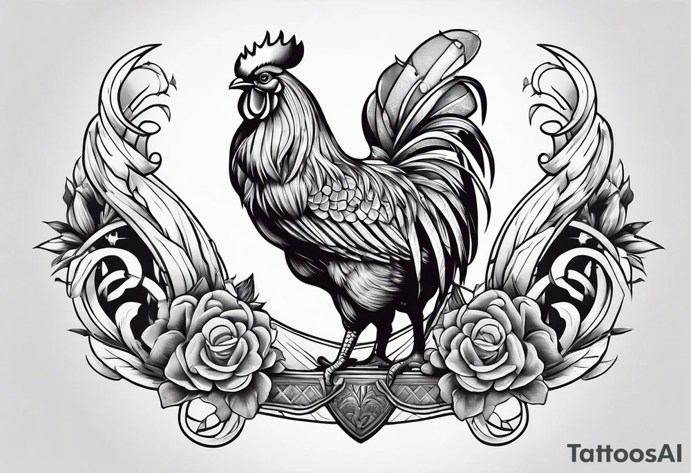 Buff rooster holding an axe with crabs on the end of the axe tattoo idea