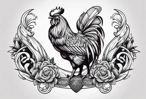 Buff rooster holding an axe with crabs on the end of the axe tattoo idea