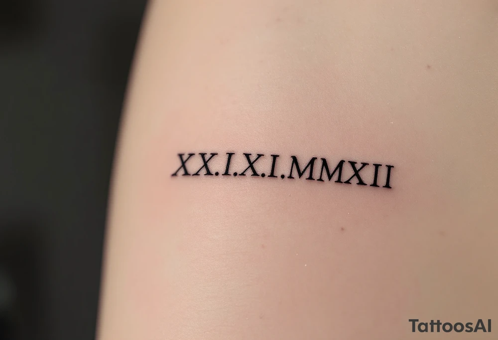 Elegant XXI.XI.MMXII in dark gray ink styled with subtle shadowing for a stone-carved effect. tattoo idea