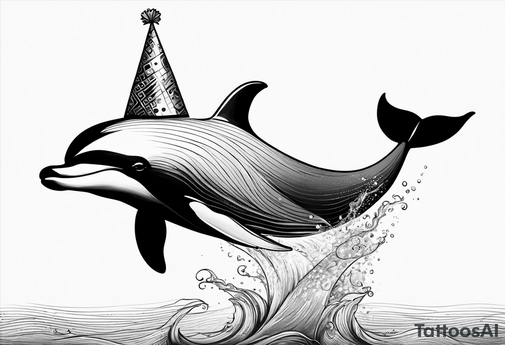 One dolphin wearing a party hat on top. Side view. Dolphin should be smiling. tattoo idea