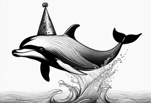 One dolphin wearing a party hat on top. Side view. Dolphin should be smiling. tattoo idea