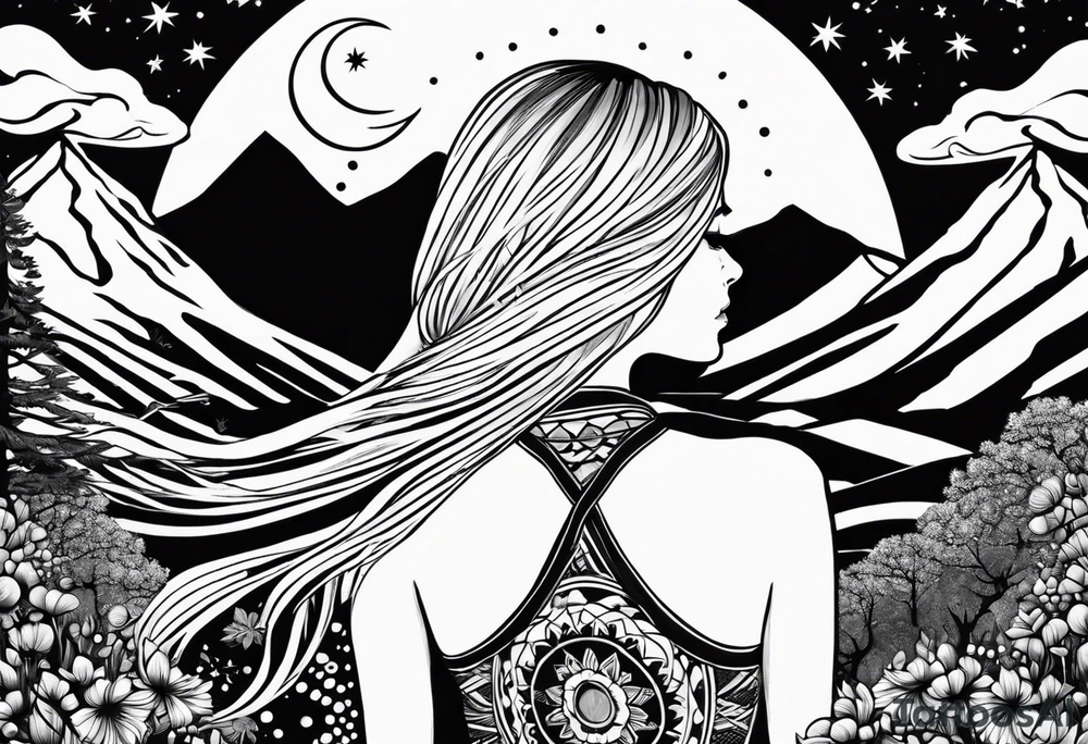 Straight blonde hair girl facing away toward mountains surrounded by mushrooms crescent moon mandala circular design black and white striped dress "8" braided into hair tattoo idea