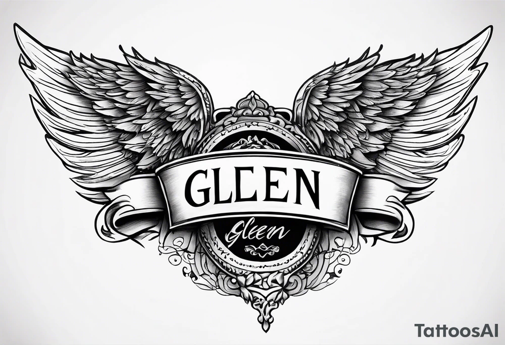 A simple tattoo with the word Glenn on a banner with angel Wings tattoo idea