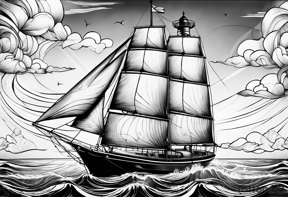 sailboat sail patched in such a way that it resembles a maritime lighthouse. tattoo idea
