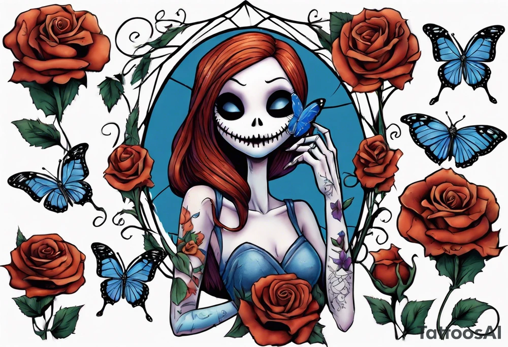 Nightmare before Christmas Sallyholding a flower. With a blue butterfly flying around her. tattoo idea