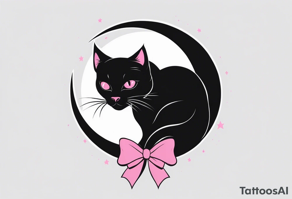 1.	Gothic Black Cat with Pink Bows – A sleek, black cat sitting on a crescent moon, with wide, eerie eyes and a small pink bow tied around tattoo idea